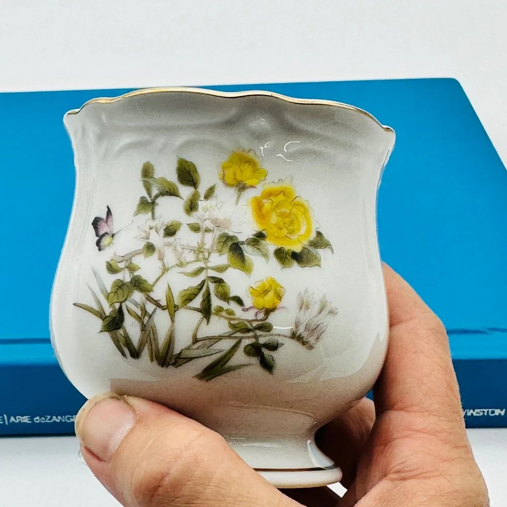 Vintage Takahashi San Francisco Porcelain Yellow Rose Butterfly Mini Vase Japan